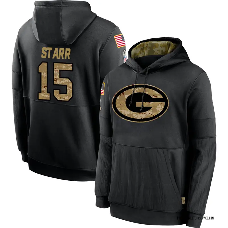 Men's Bart Starr Green Bay Packers Black 2020 Salute to Service Sideline Performance Pullover Hoodie