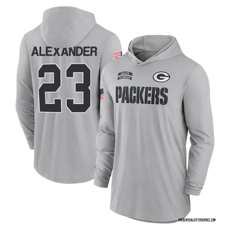 Men's Jaire Alexander Green Bay Packers Gray 2024 Salute to Service Lightweight Performance Long Sleeve Hooded T-Shirt