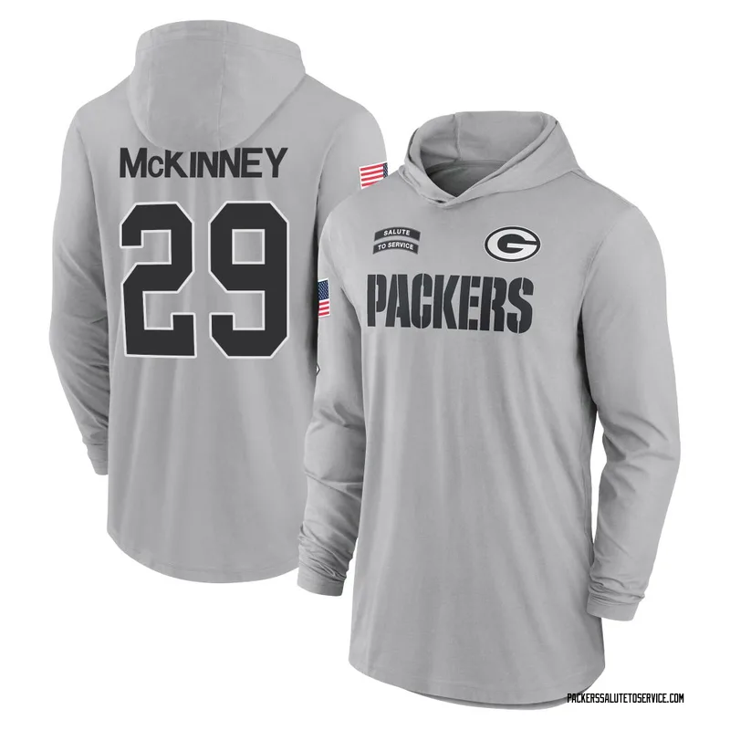Men's Xavier McKinney Green Bay Packers Gray 2024 Salute to Service Lightweight Performance Long Sleeve Hooded T-Shirt