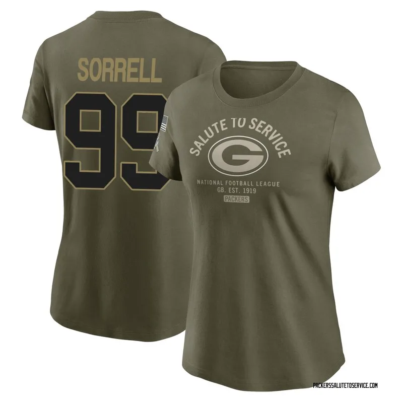 Women's Barryn Sorrell Green Bay Packers Olive 2025 Salute to Service Sideline T-Shirt