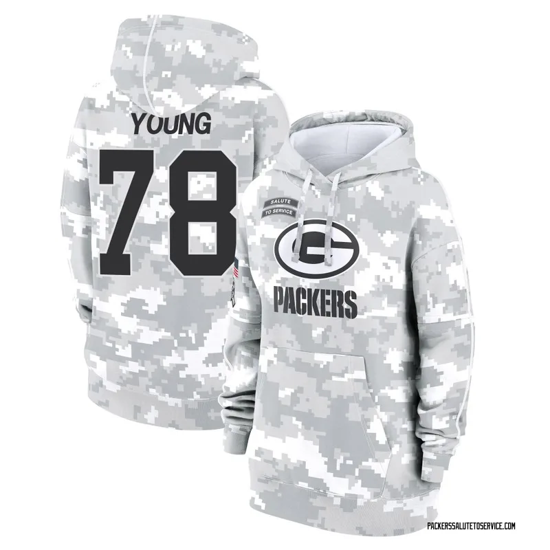 Women's Cameron Young Green Bay Packers Camo Arctic 2024 Salute to Service Club Fleece Pullover Hoodie