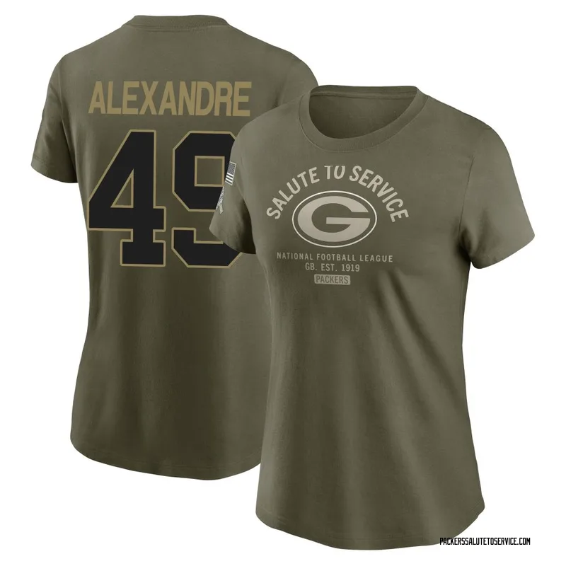 Women's Deslin Alexandre Green Bay Packers Olive 2025 Salute to Service Sideline T-Shirt