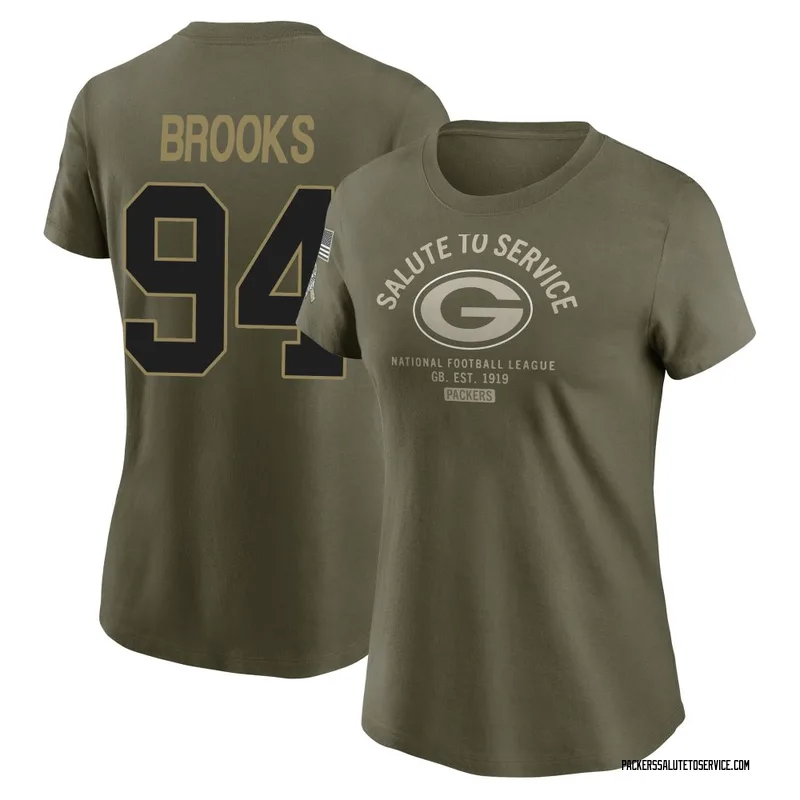 Women's Karl Brooks Green Bay Packers Olive 2025 Salute to Service Sideline T-Shirt