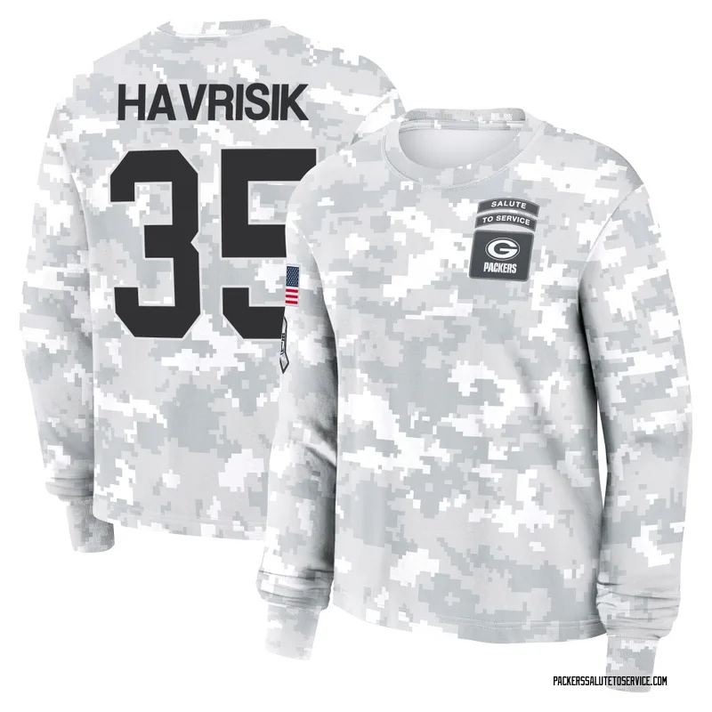 Women's Lucas Havrisik Green Bay Packers Camo Arctic 2024 Salute to Service Long Sleeve T-Shirt