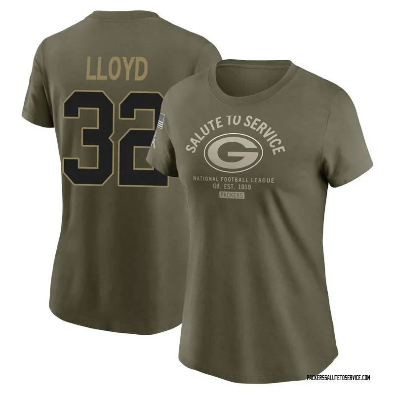 Women's MarShawn Lloyd Green Bay Packers Olive 2025 Salute to Service Sideline T-Shirt