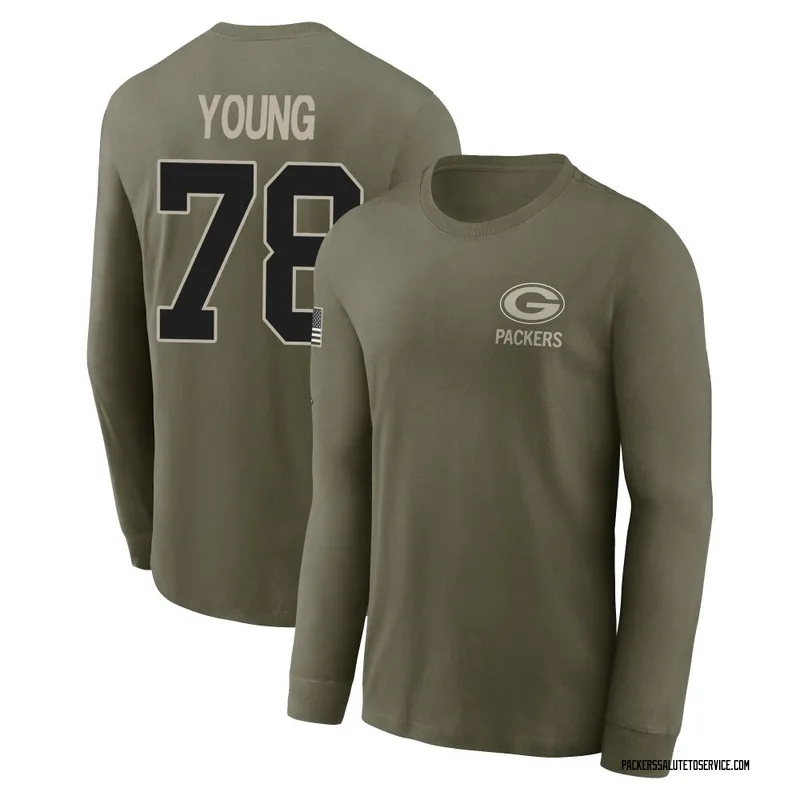 Youth Cameron Young Green Bay Packers Olive 2025 Salute to Service Sideline Long Sleeve T-Shirt