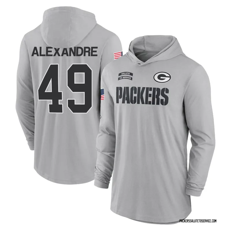 Youth Deslin Alexandre Green Bay Packers Gray 2024 Salute to Service Lightweight Performance Long Sleeve Hooded T-Shirt