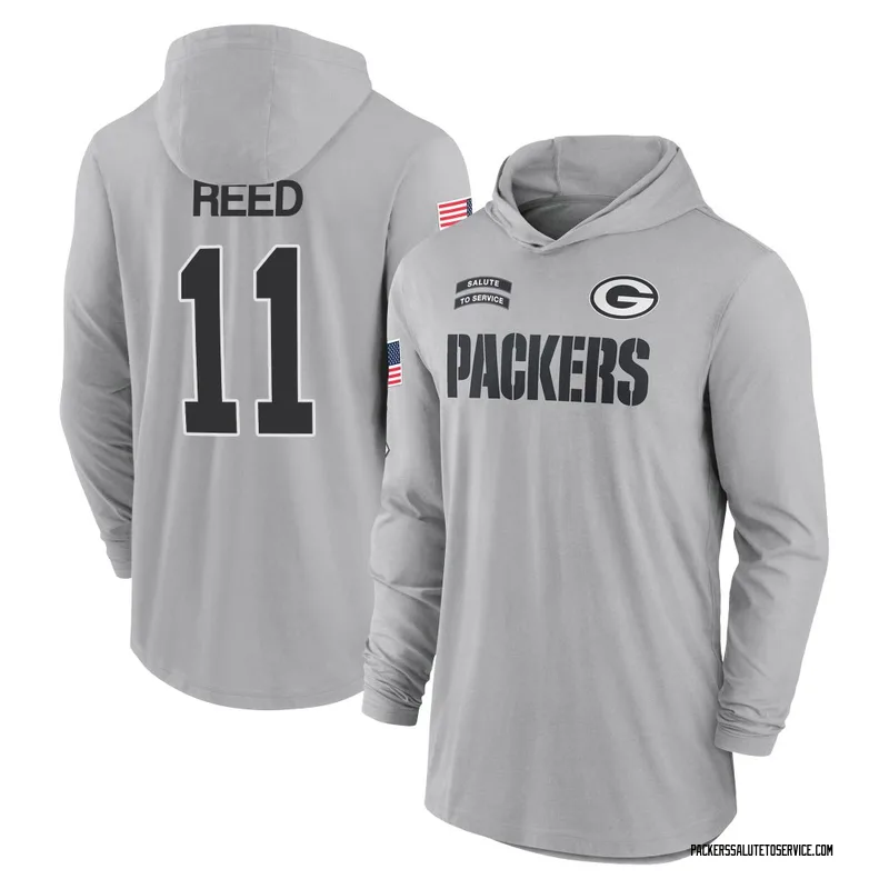 Youth Jayden Reed Green Bay Packers Gray 2024 Salute to Service Lightweight Performance Long Sleeve Hooded T-Shirt
