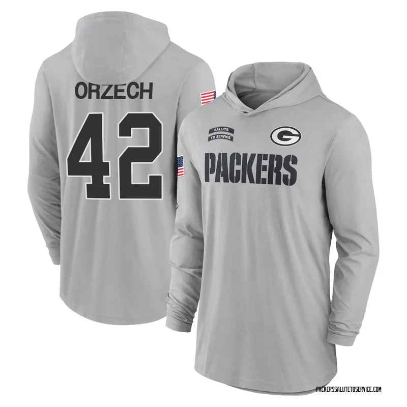 Youth Matt Orzech Green Bay Packers Gray 2024 Salute to Service Lightweight Performance Long Sleeve Hooded T-Shirt