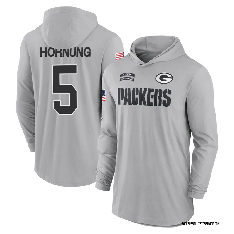 Youth Paul Hornung Green Bay Packers Gray 2024 Salute to Service Lightweight Performance Long Sleeve Hooded T-Shirt